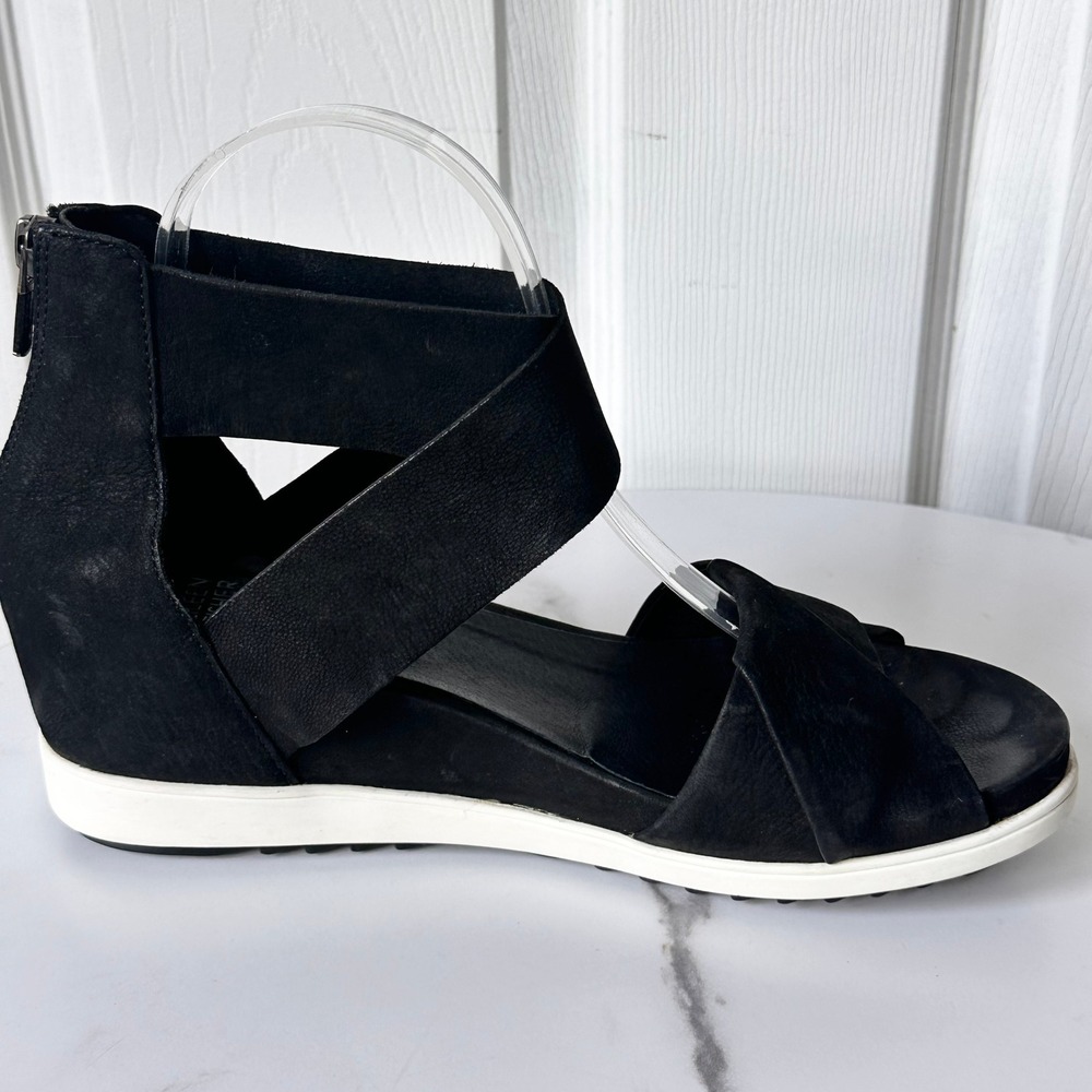 Eileen Fisher Black Nubuck Leather Cross Strap Wedge Sandals Women Size 9